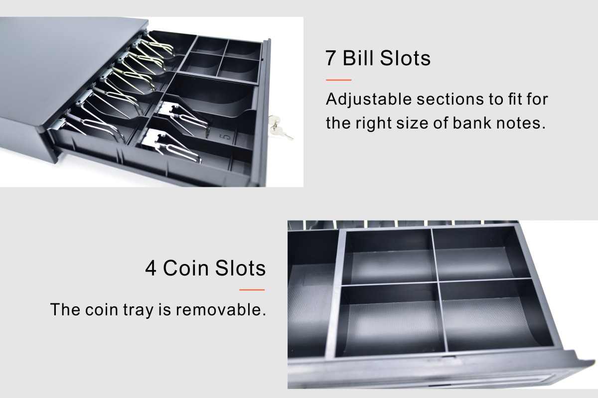 3-Lock 7-grid banknote slot cash drawer with metal WALLET 4-grid coin slot removable coin tray